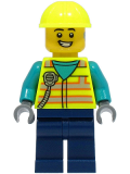 LEGO cty1490 Utility Truck Driver - Male, Neon Yellow Safety Vest and Helmet, Dark Blue Legs
