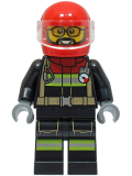 LEGO cty1567 Fire - Male, Black Jacket and Legs with Reflective Stripes and Red Collar, Red Helmet, Trans-Clear Visor