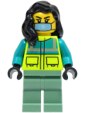 LEGO cty1569 Ambulance Driver - Female, Dark Turquoise and Neon Yellow Safety Vest, Sand Green Legs, Black Hair, Surgical Mask