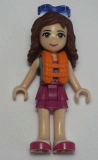 LEGO frnd151 Friends Olivia, Magenta Layered Skirt, Sand Green Knotted Blouse Top over Magenta and Pink Striped Shirt, Life Vest, Sunglasses