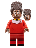 LEGO idea139 Soccer Player, Female, Red Uniform, Medium Brown Skin, Dark Brown Updo, Vitiligo